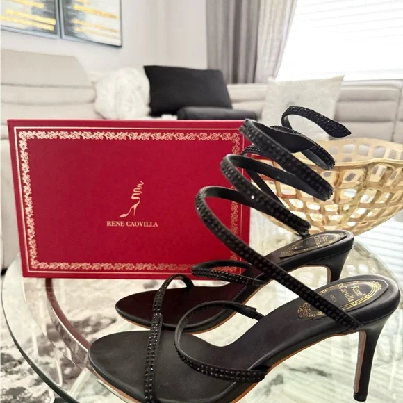 🤩✨RENE CAOVILLA Cleo Snake embellished sandal black leather rhinestone heels 9 - Picture 6 of 13